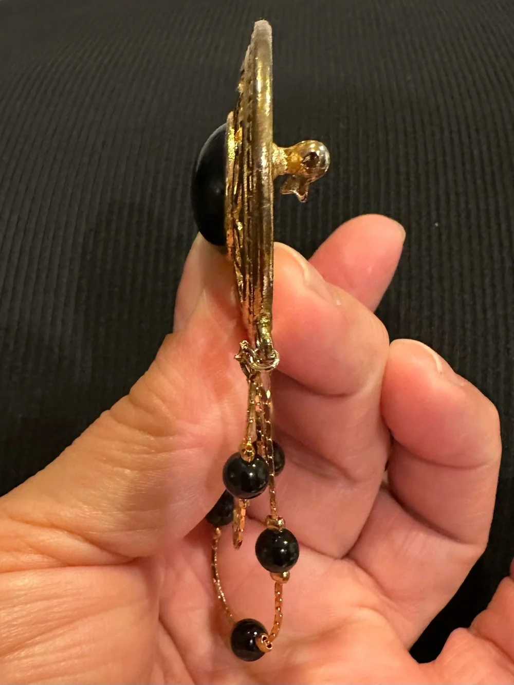 Vintage 1970s Victorian Revival Gold Tone Swag Brooch with Black Bead Dangles